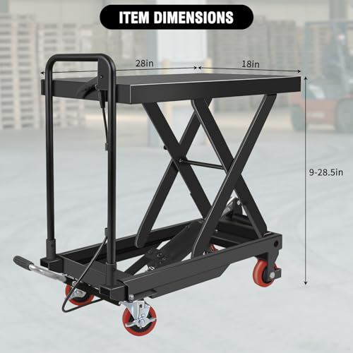 Hydraulic Lift Table Cart - 500lbs Capacity, 28\" Lift Height, 28\"x18\" Cold-Rolled Steel Platform | Manual Single Scissor Lift with 2 Lockable Wheels for Factories and Warehouses, Black