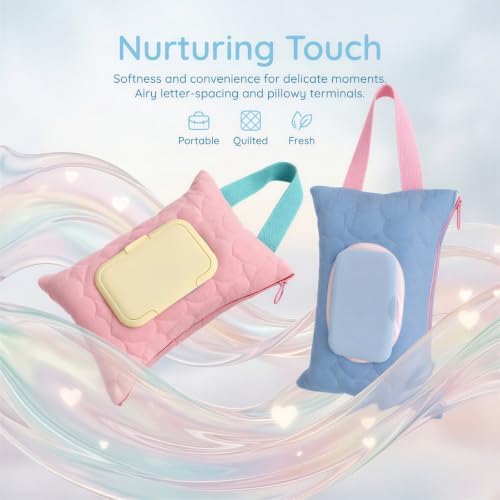 Texvora 2 Pcs Reusable Wipe Cover, Fabric Quilted Wipes Bag with Handle, Heart Pattern Cotton Wipes Holder for Organizer and Travel Bag, Pastel Blue and Pink, 7.9 x 3.2 x 4.7 in / 20 x 8 x 12 cm - 1