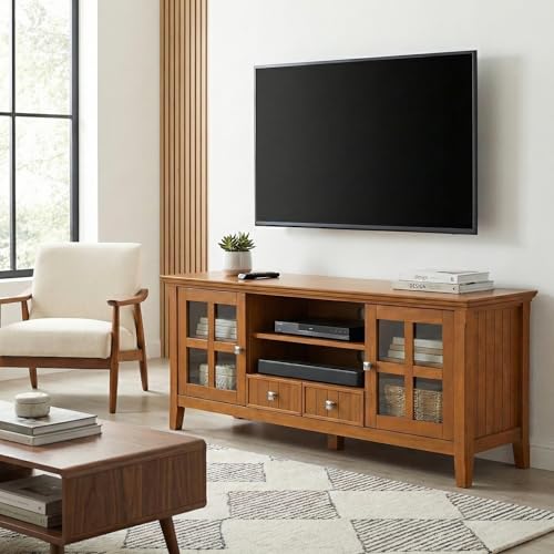 SIMPLIHOME Acadian TV Stand - 60 inch Wide Solid Wood Media Console in Light Golden Brown, Transitional Entertainment Center for Living Room for TVs up to 65 Inches with Glass Cabinets and Shelves - Image 4