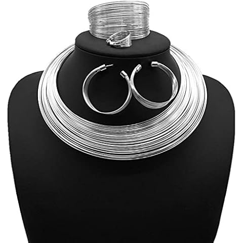 deladola African Choker Necklace Sets Multi-Layer Hoop Gold Plated Bib Choker Earring Bracelet Ring Statement Necklaces for Women (Silver) Cover