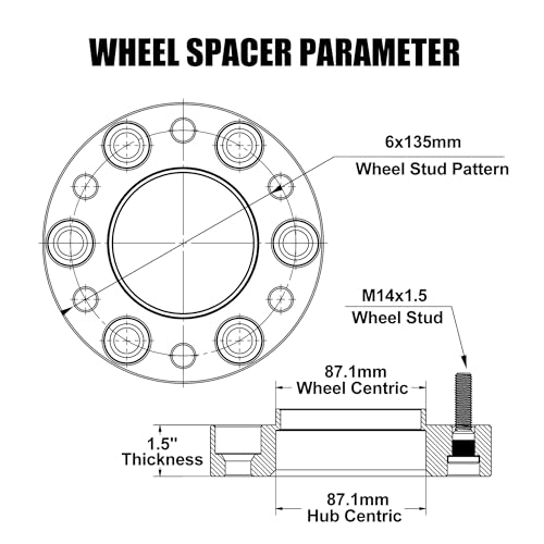 6 Lug 6x135 Hubcentric Wheel Spacers for 2015-2025 F150,1.5 inch 6x135mm Wheel Spacer 14x1.5 Studs & 87.1 mm Bore Compatible with 2015-2024 Expedition 2015-2025 Navigator