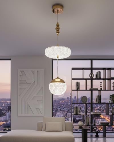 Image of Modern Adjustable Crystal Pendant Light with Gold Accents, 3D Glass Ball & Ceiling Plate, LED Hanging Lamp for Living Room, Bedroom, Dining - Stylish & Elegant Design