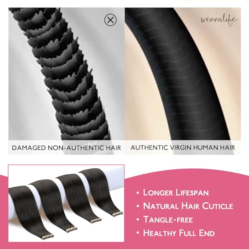 Image of WENNALIFE Tape in Hair Extensions Human Hair Natural Black Tape in Extensions, 10pcs 20g 10 inch Remy Invisible Tape Ins Straight Colored Soft Real Human Hair Tape in Extensions Refill Set Extensions