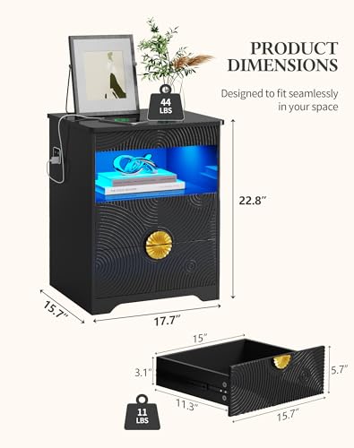 Image of LED Nightstand with Gun Drawer, Modern Bedside Table with 3-Color Lights & Human Sensor, Smart Night Stand with Charger Station, 2 Drawers End Table for Bedroom, Black