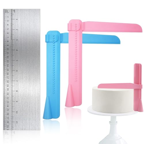 Lisseur Gateau Patisserie, Set de 3 Spatules à Gâteau Professionnelles : 1 Lisseur Fondant Inox avec Échelle, 2 Spatules Plastique Réglables pour Glaçage et Décoration DIY