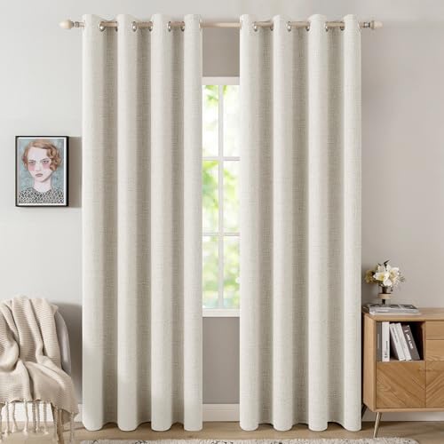 Image of MIULEE Linen Texture Curtains for Bedroom Solid 100% Blackout Thermal Insulated Linen Beige Curtains Grommet Room Darkening Drapes for Living Room 52x108 Inch (2 Panels)