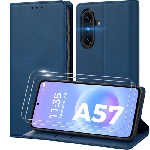 Peakally Funda para Samsung Galaxy A57 5G con Tapa y 2 pcs Protector Pantalla, [Ranura para Tarjeta] Funda Libro Carcasa para Samsung A57 5G PU Case [Función Soporte], Azul Vaquero