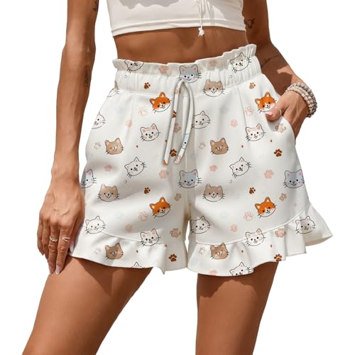 Dressy Cat Comfortable Shorts for Women with Pocket Ruffle Boho Trendy Breathable Loose Shorts for Women High Waisted Drawstring Summer Fashion Street Wear 2025,2XL