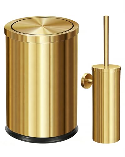 Image of 2.6Gallon Brushed Gold Bathroom Trash Can with Wall Mounted Toilet Brush Set /Stainless Steel Gold Garbage can with Swing lid Trash bin Wastebasket for Bedroom,Office,Kitchen,Powder Room