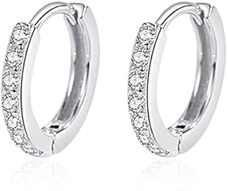 Woso Silvering Hoop Earrings for Women, Silver Plating Hoops Earrings, Diameter 15mm Hypoallergenic Sleeper Earrings with 5A Cubic Zirconia, Small Round Circle Huggie Hinged Hoop Earrings