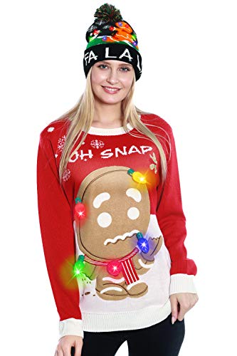 Light Up Women's Christmas Sweater, 3D Gingerbread Man Ugly Sweater Knit Holiday Funny Sweatshirt (Gingerbread Man with Hat, Small)