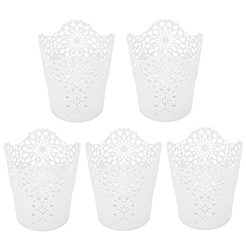 Dzsomt Pot Maquillage 5 Pièces Stylo Organisateur de Pinceau de Maquillage Pot Crayon Pot Pinceau Maquillage Support Stylo en Plastique Style Creux Floral Rangement Pinceaux Maquillage, Blanc