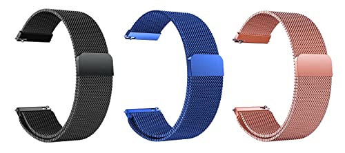 Image of ACM Pack of 3 Watch Strap Magnetic Loop 20mm compatible with Compaq Q Watch Smartwatch Metal Chain Band (Black /Blue /Rose Gold Pink)