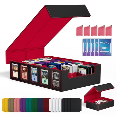 Image of UAONO Trading Card Storage Box with Commander Display;3900+ Card Box for MTG, Removable Cover; 5 Row Case fits MTG TCG Sports Cards 48 Dividers,5 Stoppers,5 Top Loaders,1 Dice Box(Black, Red)