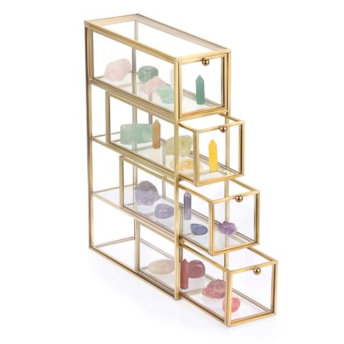 JUXYES Tabletop Brass Glass Rock Display Case with 4 Drawers - Modern Clear Rocks...