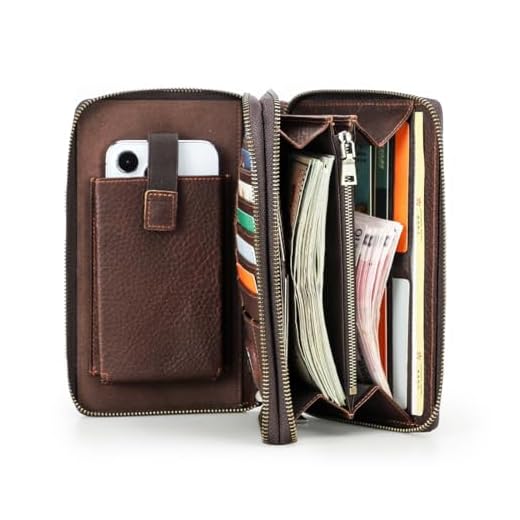 Carteira Longa Masculina CONTACTS de Couro Legítimo de Luxo com Proteção RFID, 18 Porta-Cartões, Suporte para Caneta, Bolso para Celular com Fecho, Slot AirTag, Bolso Grande para Moedas e Alça de Mão