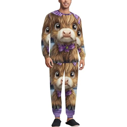 Highland Cow On Car Pajama Set Long Sleeve Lounge Sets Sleepwear 2 Pjs Nightwear for Men Women