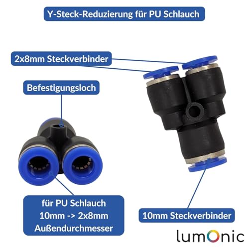 Conector neumático Lumonic de 10mm a 2x8mm con unión push-in para sistemas de aire 3