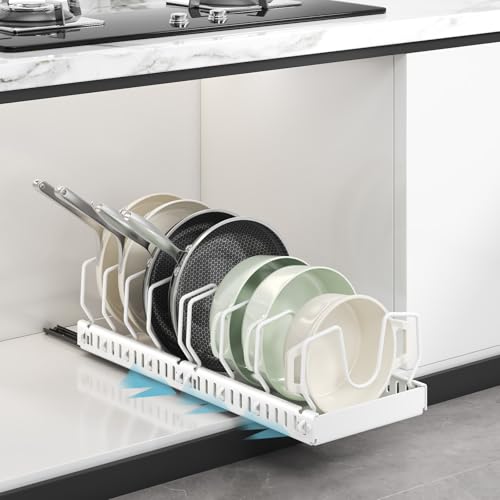 WOSHEN Pots and Pans Organizer Under Cabinet, Pull Out Pots and Pans Organizer, Expandable Sliding Lid Holder and Pan Rack for Pot Lid, Bakeware, Dishes, 10 Adjustable Dividers by WOSHEN - Used condition - US$14.61
