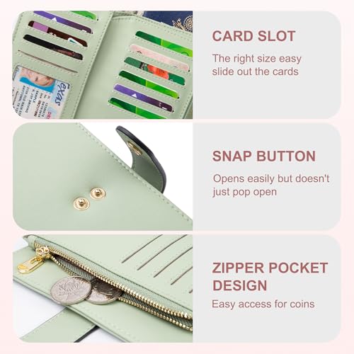 Image of yiijay Womens Wallet RFID Blocking Vegan Leather Trifold Clutch Credit Card Holder Ladies Travel Wallet Purse with Pen Holder, Green