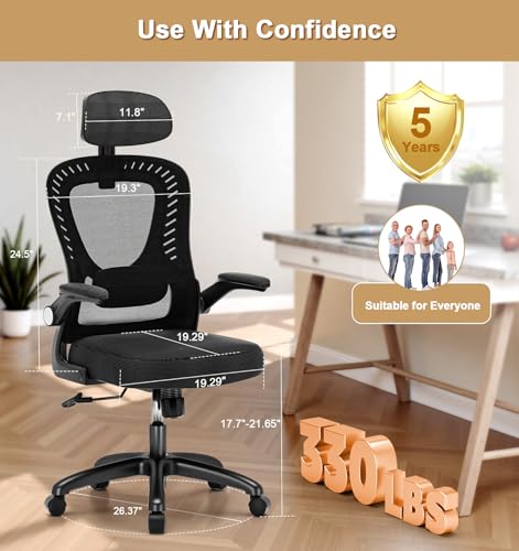 Office Chair, SPRDENG Ergonomic Office Chair with Two-Way Adjustable Lumbar Support & Headrest, High Back S-Shaped Computer Chair with Flip-up Padded Armrests, Swivel Task Chair fo image 4