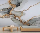 Elegante papel pintado abstracto blanco, gris y dorado para dormitorio, mural a gran escala inspirado en el kintsugi, decoración de pared fácil de instalar para hogares modernos. 280x200cm