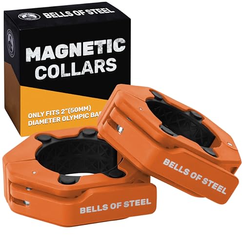Image of Magnetic Barbell Collars [Bells of Steel] Version 2.0 Premium Weight Bar Clamps, Quick Release Barbell Clips, Olympic Barbell Clamps, High-Strength Nylon Gym Clips, Pair, Orange