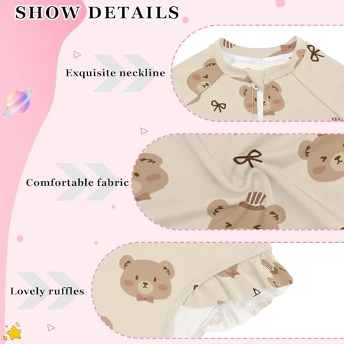 Cute Brown Bears Print Girls One Piece Rash Guard Swimsuit, Girls Long Sleeve Swimwear for 3-12Y4
