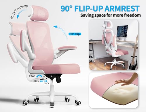 Image of Pink Ergonomic Office Chair: Mesh Desk Chair Comfy with Adjustable Lumbar Support 330lbs High Back Computer Gaming Chair - Big and Tall Office Chairs with Headrest - Adults Home Office