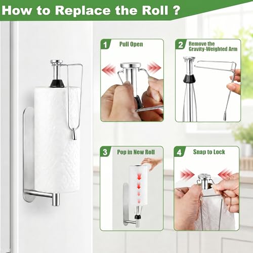 Image of KIHOGEM Magnetic Paper Towel Holder for Fridge, Stainless Steel Paper Towel Holder Magnetic with Gravity-Weighted Arm, Kitchen Paper Towel Holder with 2 Metal Plates for Wall, Cabinet, RV