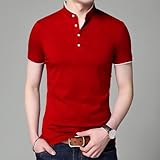 Decrum DISC Red Mens Mandarin Collar T Shirt - Short Sleeve Henley Shirts for Men [40010025] | Red, XL