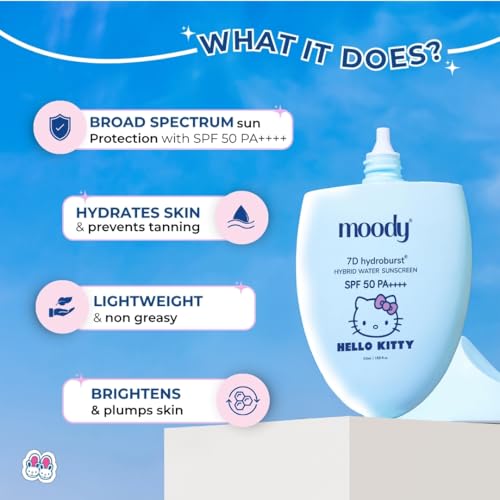Image of Moody Hydro Burst Water Sunscreen SPF 50 PA++++ | Hello Kitty Limited Edition | Face Sunscreen SPF 50 PA++++ for Women & Men with Hyaluronic Acid
