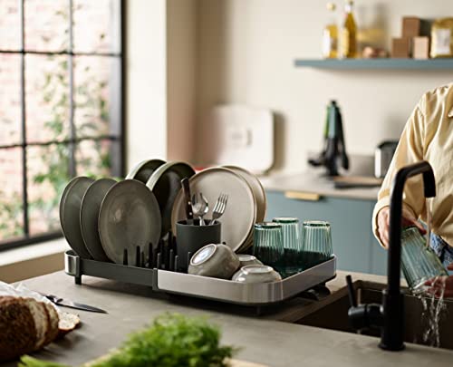 Image of Joseph Joseph Duo Expanding Dish Drying Rack with Removable Silverware Holder, Draining Spout, Stainless Steel