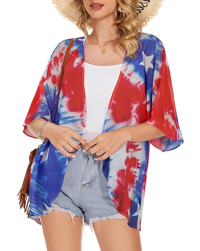 Image of Women's Floral Print Puff Sleeve Kimono Cardigan Loose Cover Up Casual Blouse Tops 2026