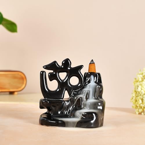 Image of Ceramic Om Shape Backflow Smoke Fountain Incense Holder for Home Decor Gifts with 30 Smoke Cones by Craftam