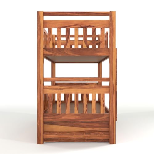 Image of Solid Sheesham Wood Bunk Bed Twin Over Bed with Ladder Wooden Bunk Bed with 2 Drawer Storage for Bedroom Living Room Home (Natural Finish)
