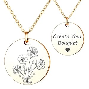 Anavia -Build Your Own Bouquet- Birthmonth Flowers Necklace, Personalized Engraved Floral Coin Necklace, Customized Birthday Gifts Love Jewelry for Her Mom Sisters Family