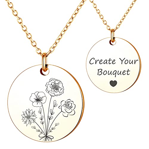 Anavia -Build Your Own Bouquet- Birthmonth Flowers Necklace, Personalized Engraved Floral Coin Necklace, Customized Birthday Gifts Love Jewelry for Her Mom Sisters Family