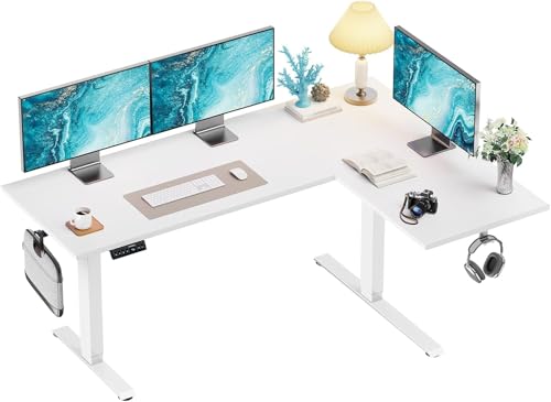 Image of HUANUO Dual Motor 71x48 inch L Shaped Electric Standing Desk with 3 Preset Heights, Electric Height Adjustable Computer Table, 2 Hooks & Cable Tray, Raising Desk for Home Office, White
