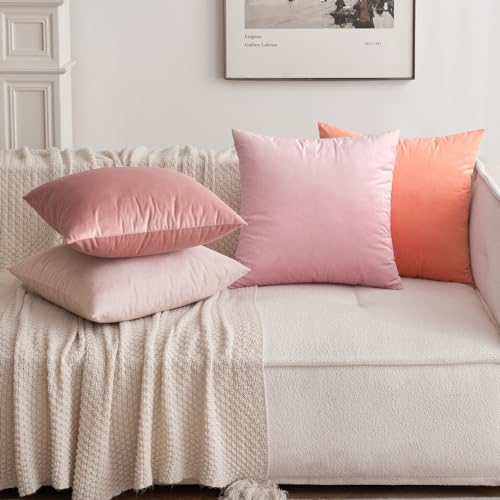 Image of MIULEE Pack of 2 Velvet Pillow Covers Decorative Square Pillowcase Soft Solid Cushion Case for Spring Sofa Bedroom Car 14x14 Inch Bright Pink