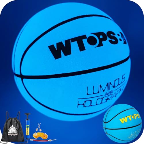 WTOPSBO Glow in The Dark Basketball Size 7 Blue Cool Glowing Luminous Basketball with Pump and Bag Indoor Outdoor PU Leather Basketballs 29.5 for Men Women