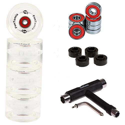 FunTomia 4 Stück (LED) Longboard/Skateboard Rollen (Big Wheels) in 70x51mm 80A inkl. ABEC-9 Kugellager und Metall Spacer 80A Rollenhärte + T-Tool