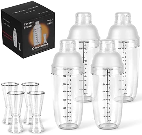 Plastic Cocktail Shaker 4 Pack 24oz Drink Mixer Gift Boxed With 4 Pack Ounce Cup Clear Bar Set