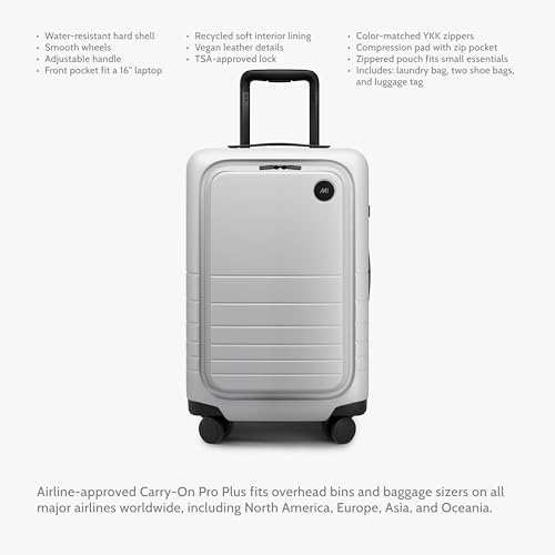 Image of Monos Carry-On Pro Plus Luggage 23 Inch - Hardside Spinner Suitcase with TSA Lock & Laptop Front Pocket | Airline Approved, 42L Polycarbonate Rolling Carry On | Fits 16 inch Laptop | Stellar White