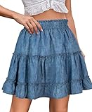 THHGPO Women's Basic Mini Skirts Versatile Flared Cotton Ruffle Elastic Waist A-Line Casual Short Skirt Denim Print M