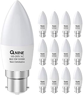QNINE 12 Pack Cool White LED Candle Bulb Bayonet, 6W (60W Equivalent), 550lm, B22 Light Bulb, 6000K, Non-Dimmable