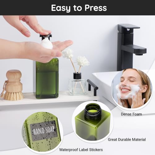 Image of Segbeauty 15.2oz Refillable Green Foaming Soap Dispenser for Bathroom with Labels, 2pcs Empty Foam Pump Bottle for Shampoo Face Wash Container, 450ml Plastic Square Liquid Hand Soap Dispensers Kitchen