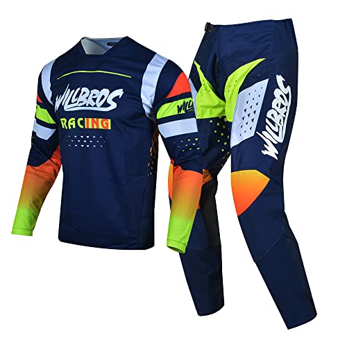 Willbros Combinaison de Pantalon en Maillot de Motocross Hommes MX Hors Route Équitation Adulte Vêtements de Course Bleu Blanc Jaune (Jersey L Pants 34)