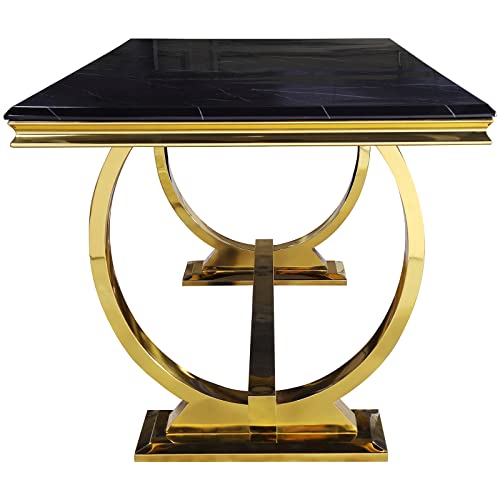 Acedécor Modern Dining Room Table With Gold Stainless Steel Metal U-Base In Black Gold #TOP4