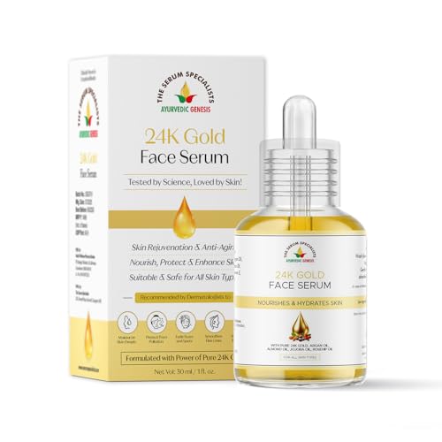 Image of 24K Gold Face Serum - Anti-Aging & Skin Rejuvenating Serum | Boosts Collagen, Smoothens Fine Lines, Fades Scars & Spots | Pure 24K Gold + Argan, Almond, Jojoba & Rosehip Oils | For All Skin Types | 30 ml